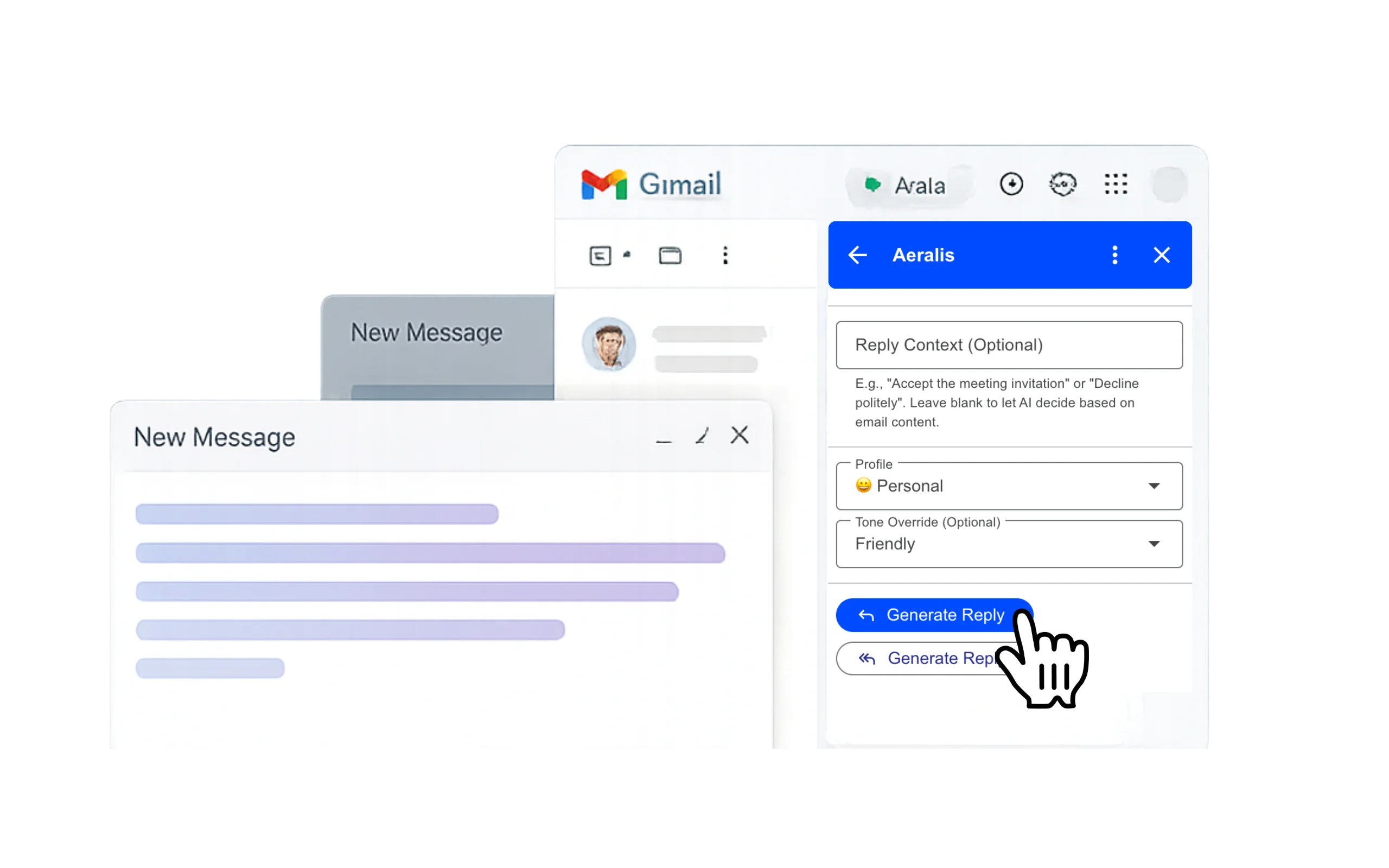 Aeralis Gmail Add-on showing email reply generation with profile selection and tone controls
