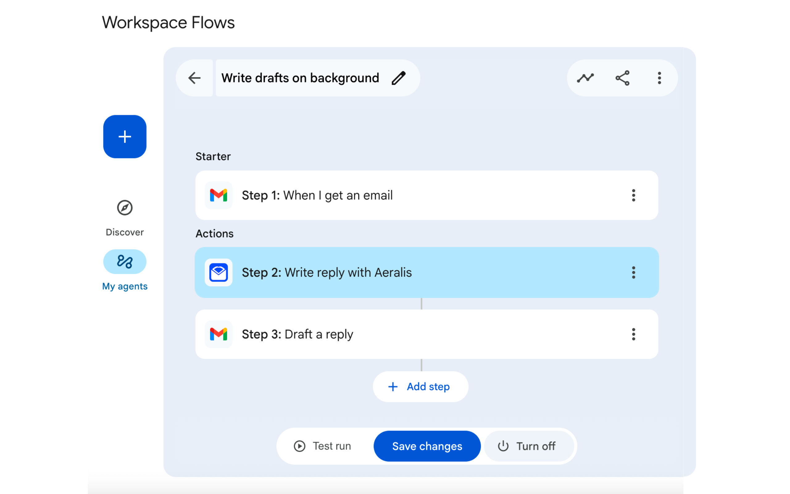 Google Workspace Studio automation with Aeralis showing a workflow that triggers on new emails and drafts replies automatically